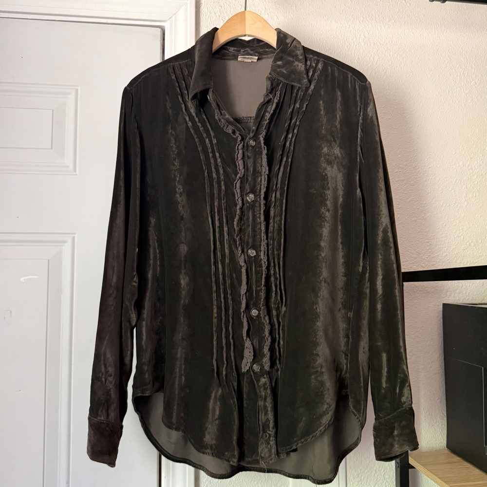 CP SHADES dark brown vintage rayon velour lace trim button up shirt blouse top